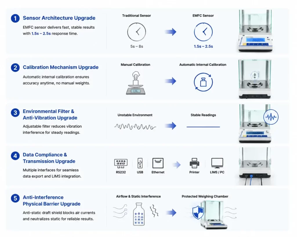 Infographic displaying 5 core technology upgrades for high-precision analytical balances