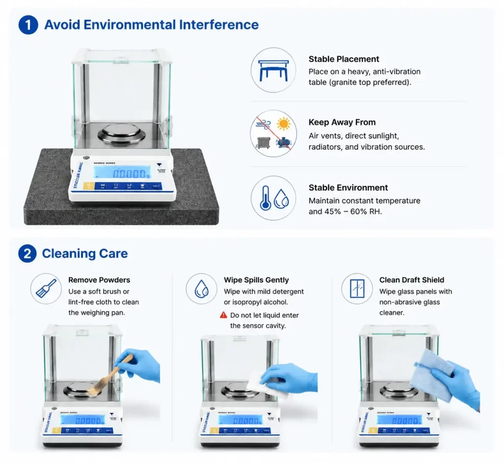 Infographic illustrating environmental placement and proper cleaning steps for analytical balances