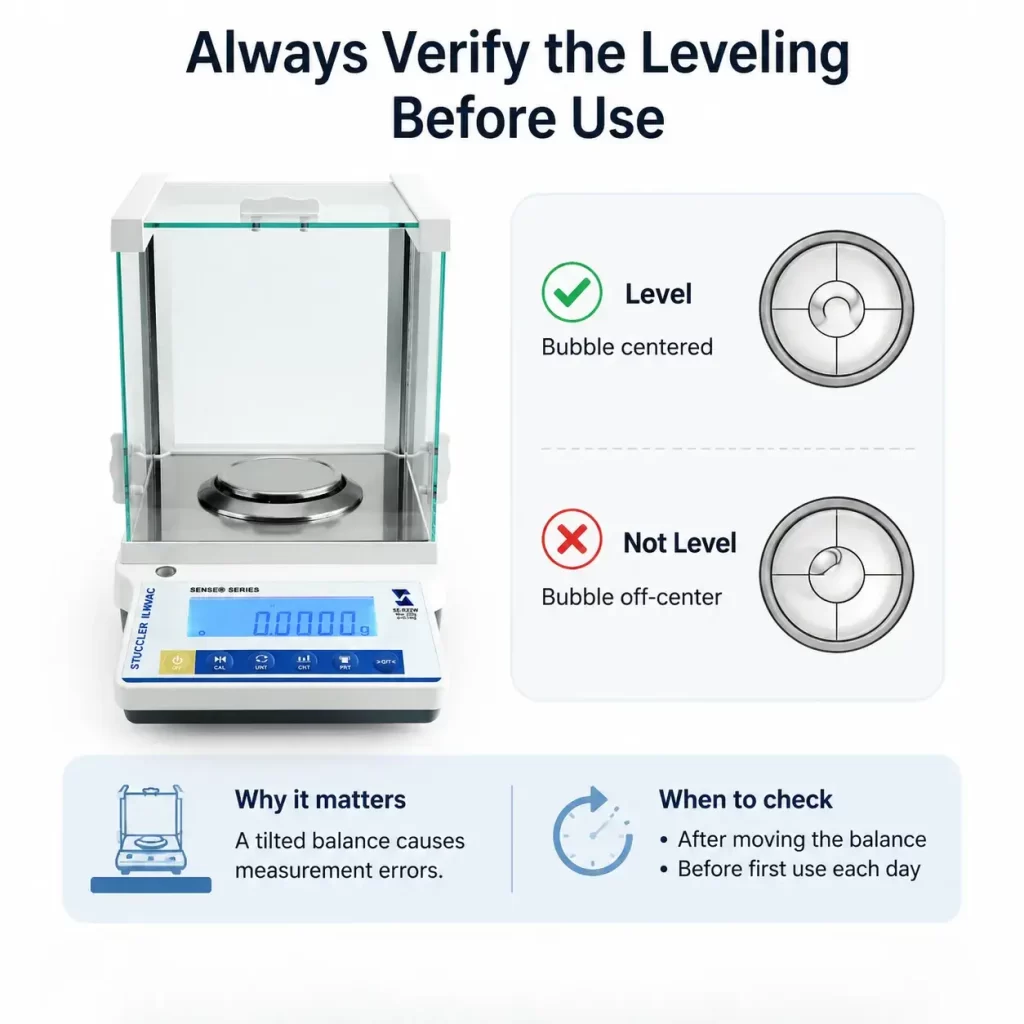 Visual guide showing how to verify the leveling bubble before using a high-precision laboratory balance.