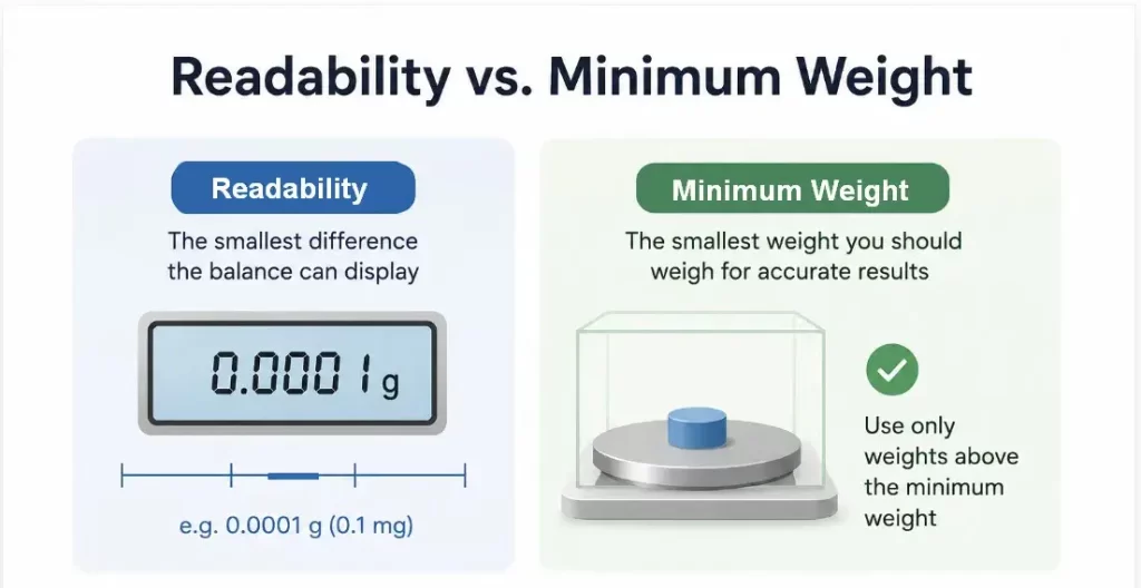Infographic explaining the difference between analytical balance readability and minimum weight guidelines.