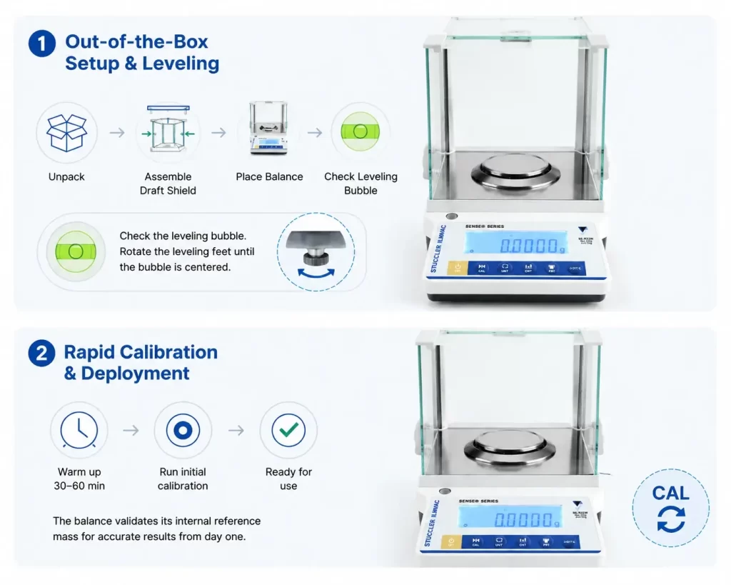 Step-by-step guide for unpacking, leveling, and calibrating a laboratory analytical balance