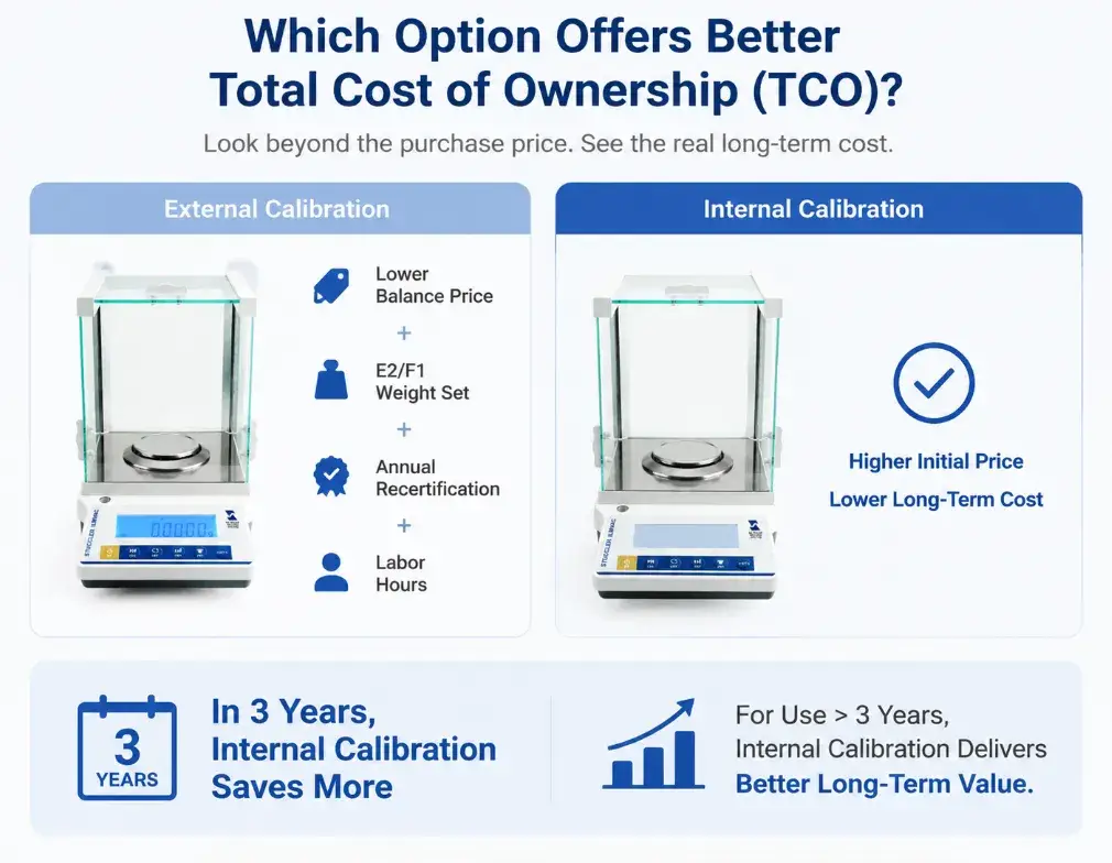 Infographic evaluating total cost of ownership TCO for internal vs external calibration.