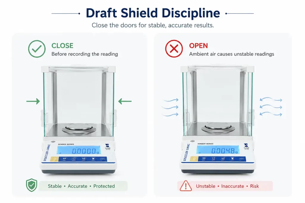 Infographic demonstrating the importance of closing the draft shield doors for a stable and accurate weight reading.
