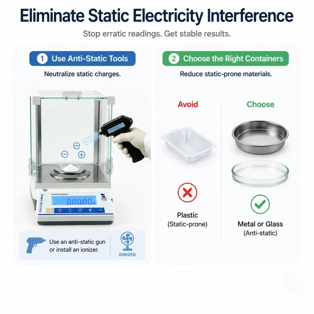 Diagram explaining how to eliminate static electricity using anti-static tools and choosing metal or glass containers.