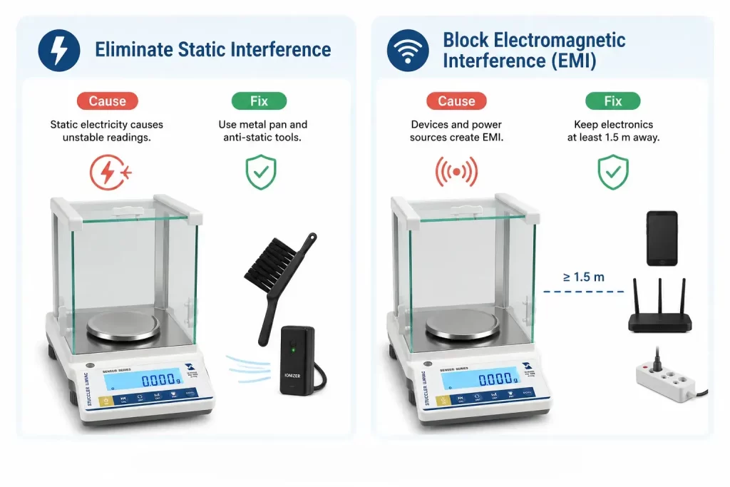 Infographic showing how to eliminate static electricity using an ionizer and block electromagnetic interference by keeping electronics 1.5 meters away.