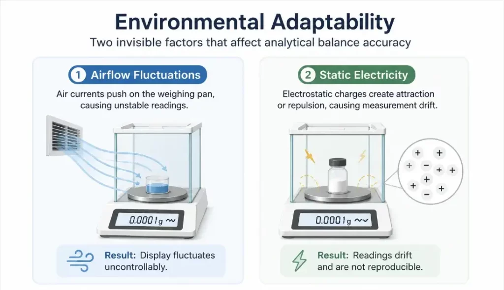 Infographic detailing how airflow fluctuations and static electricity affect analytical balance accuracy.