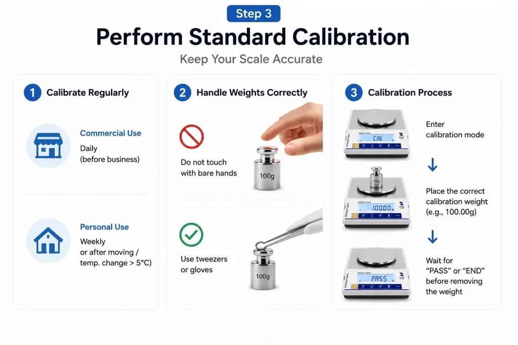 Calibration guide for scales showing commercial and personal use intervals, handling calibration weights with tweezers, and step-by-step process.