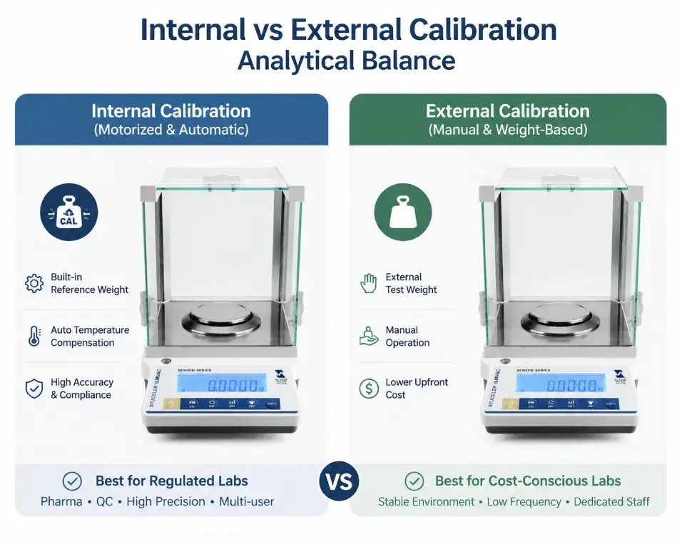 Comparison chart showing internal vs external calibration features for analytical balances.