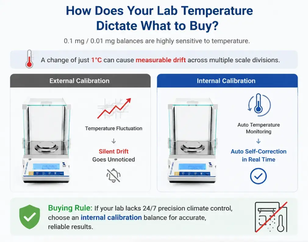 Chart explaining how temperature fluctuations affect analytical balance accuracy and drift.