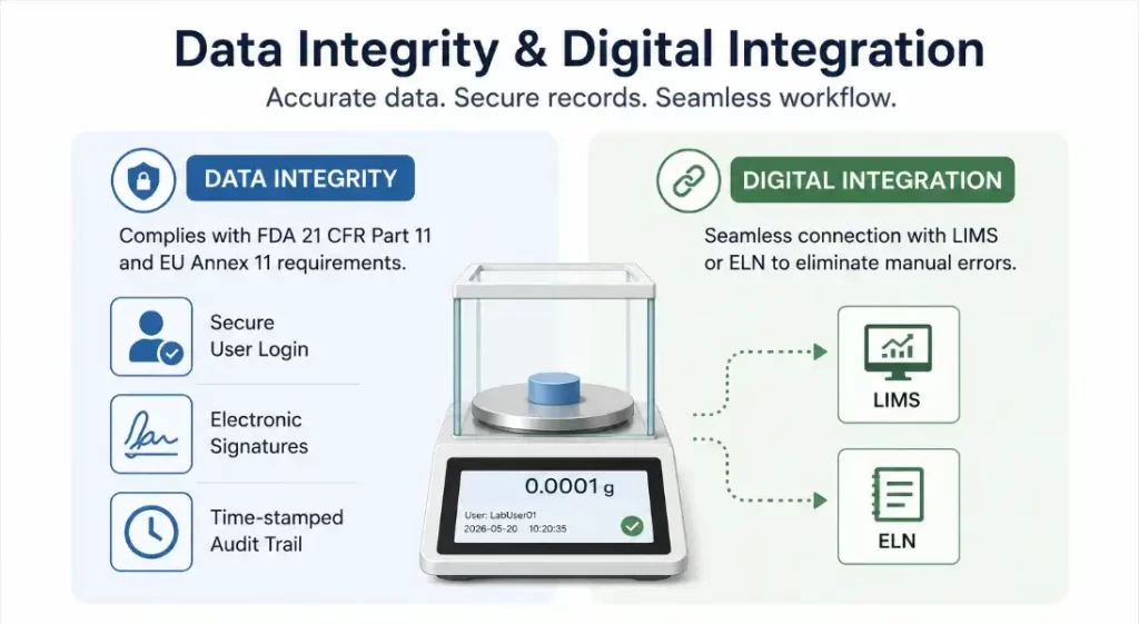 Infographic explaining laboratory balance data integrity compliance and digital integration with LIMS and ELN.