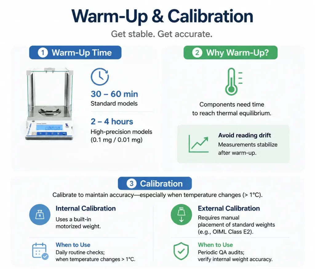Infographic outlining standard warm-up times and differences between internal and external calibration steps.