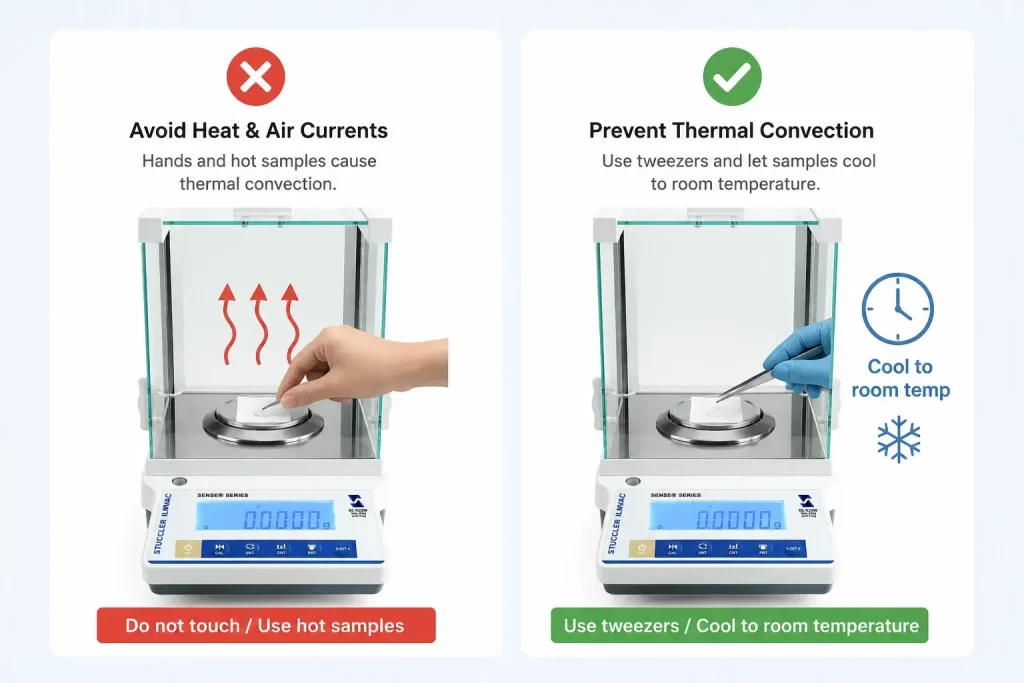 Side-by-side comparison showing correct use of tweezers with a cooled sample to prevent thermal convection errors.