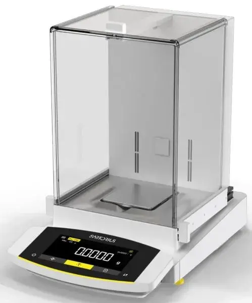 Sartorius professional laboratory analytical balance featuring a clear glass draft shield and digital screen.