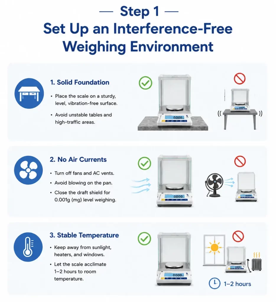 Guide to setting up a weighing environment: stable foundation, no air currents with closed draft shield, and stable room temperature.