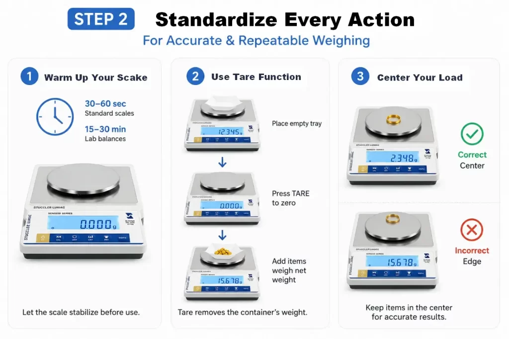 Tutorial on standardizing scale use, showing how to warm up the scale, use the tare function with a container, and center the load.