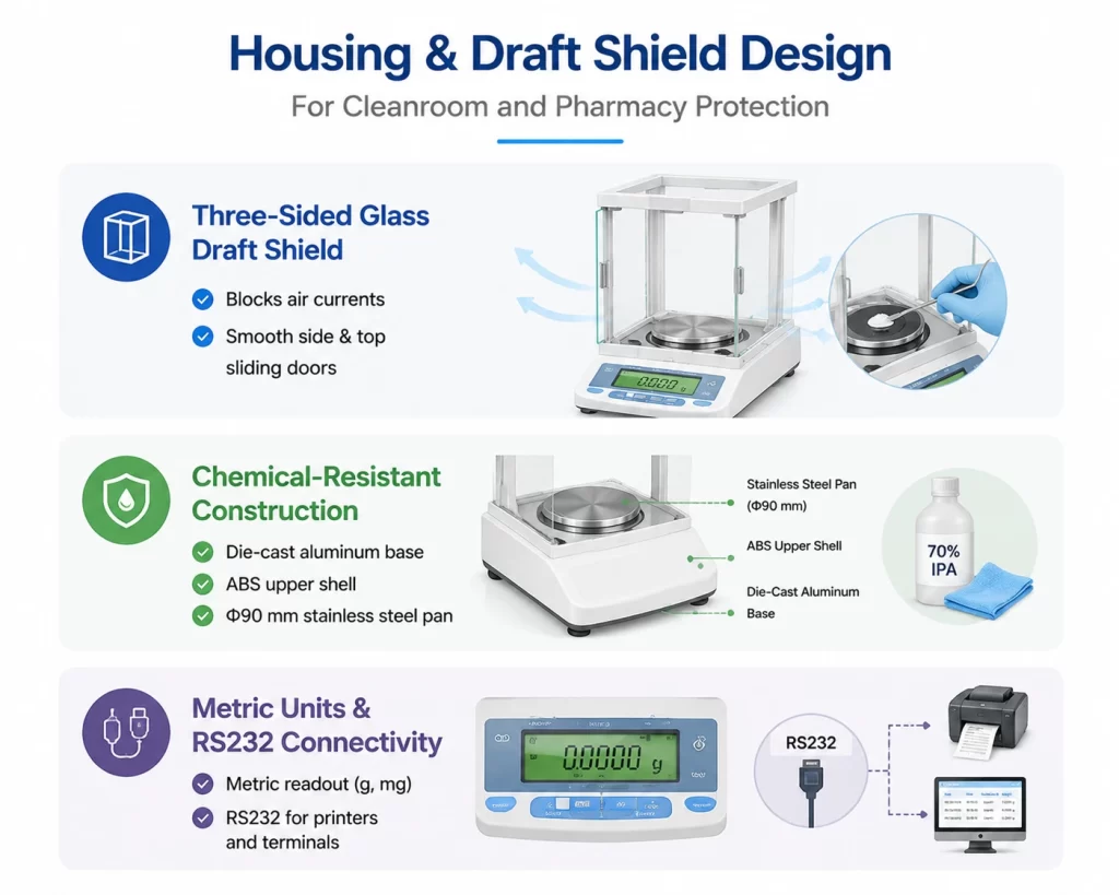 Analytical balance design showing 3-sided glass draft shield, chemical-resistant body, and RS232 data connection.