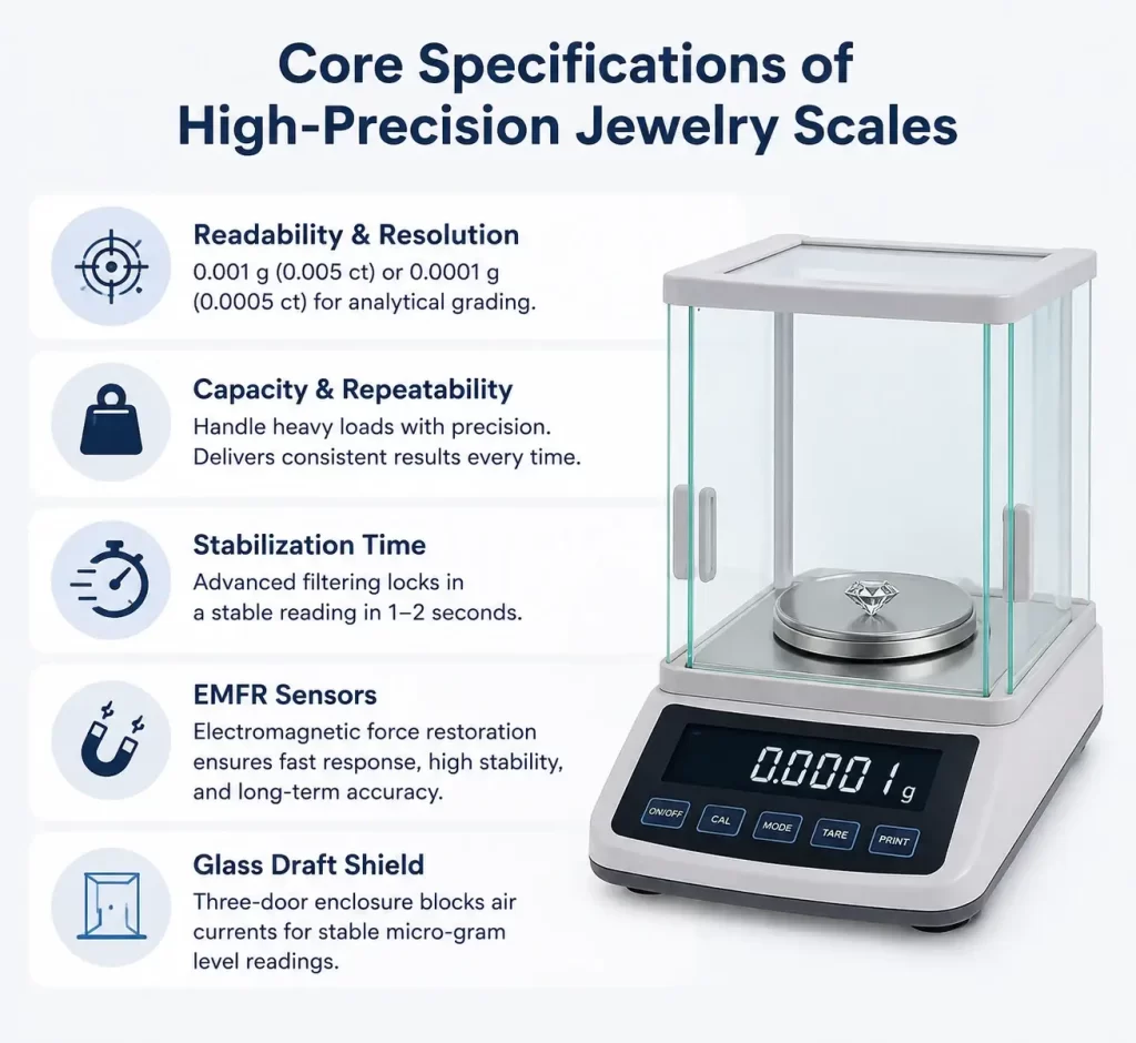 Infographic outlining readability, EMFR sensors, stabilization time, and glass draft shield specs for jewelry scales.