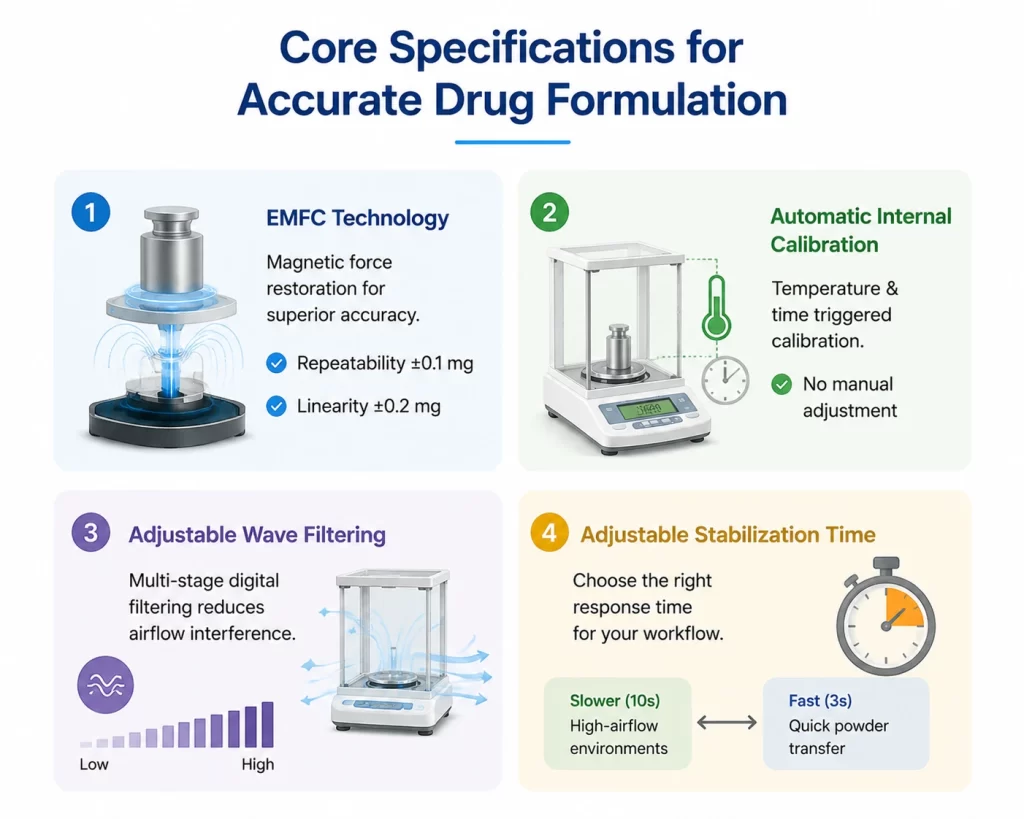 Guide highlighting EMFC sensor technology, automatic internal calibration, digital wave filtering, and response time.