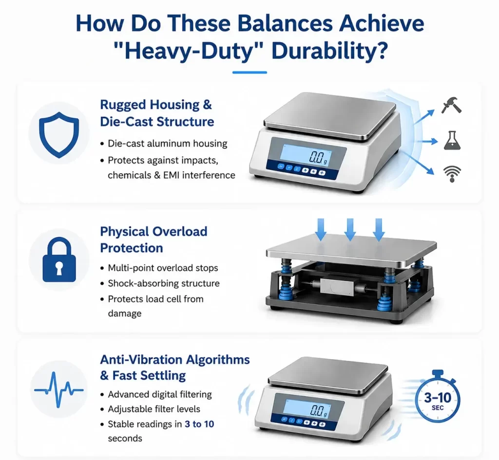 Infographic illustrating rugged die-cast housing, multi-point overload stops, and digital filtering.