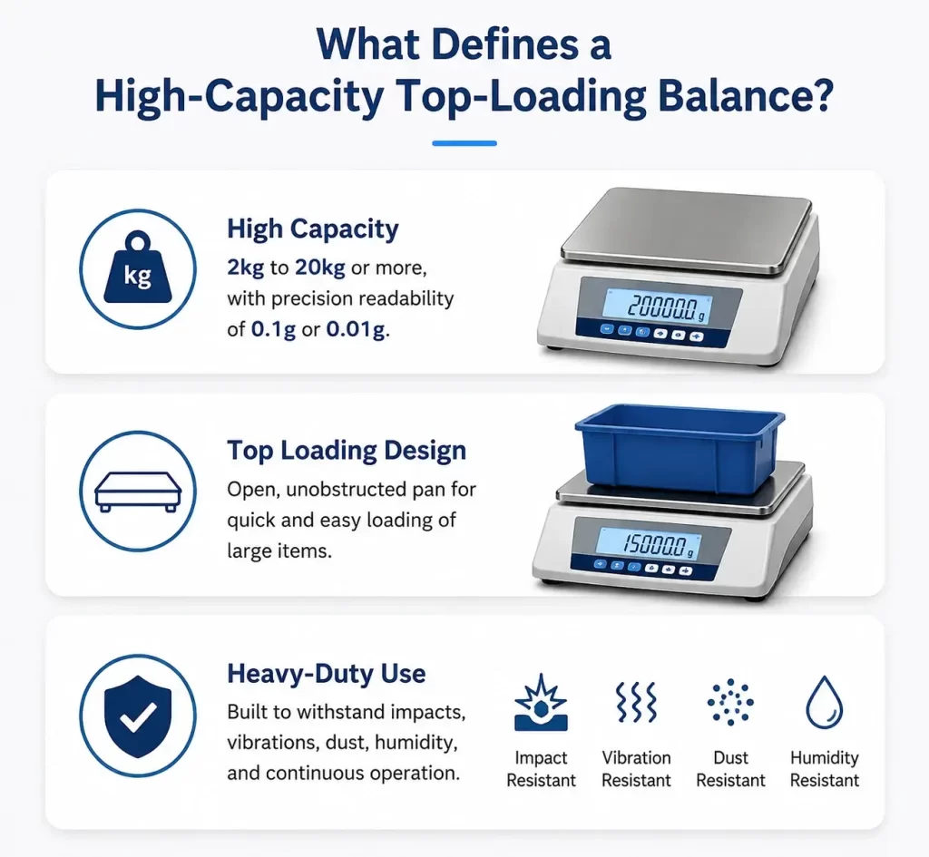 Diagram defining high-capacity top-loading balances with 2kg to 20kg capacity and heavy-duty use.