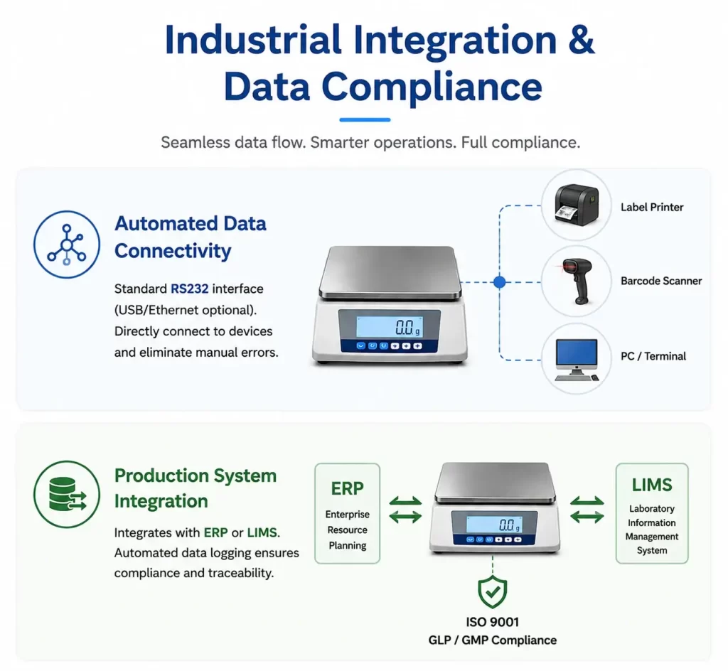 Flowchart showing top-loading balance integration with RS232, ERP, LIMS, and ISO compliance systems.