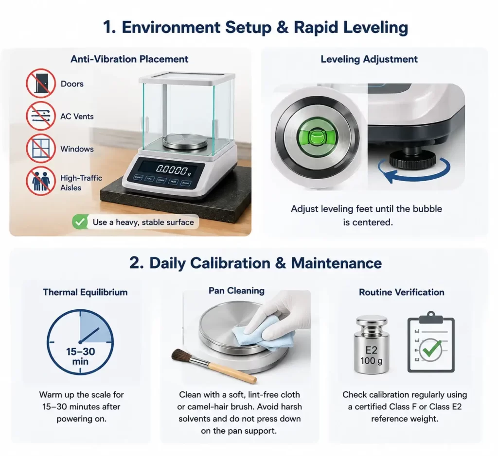 Step-by-step guide on scale leveling, anti-vibration placement, thermal warmup, and daily calibration routines.