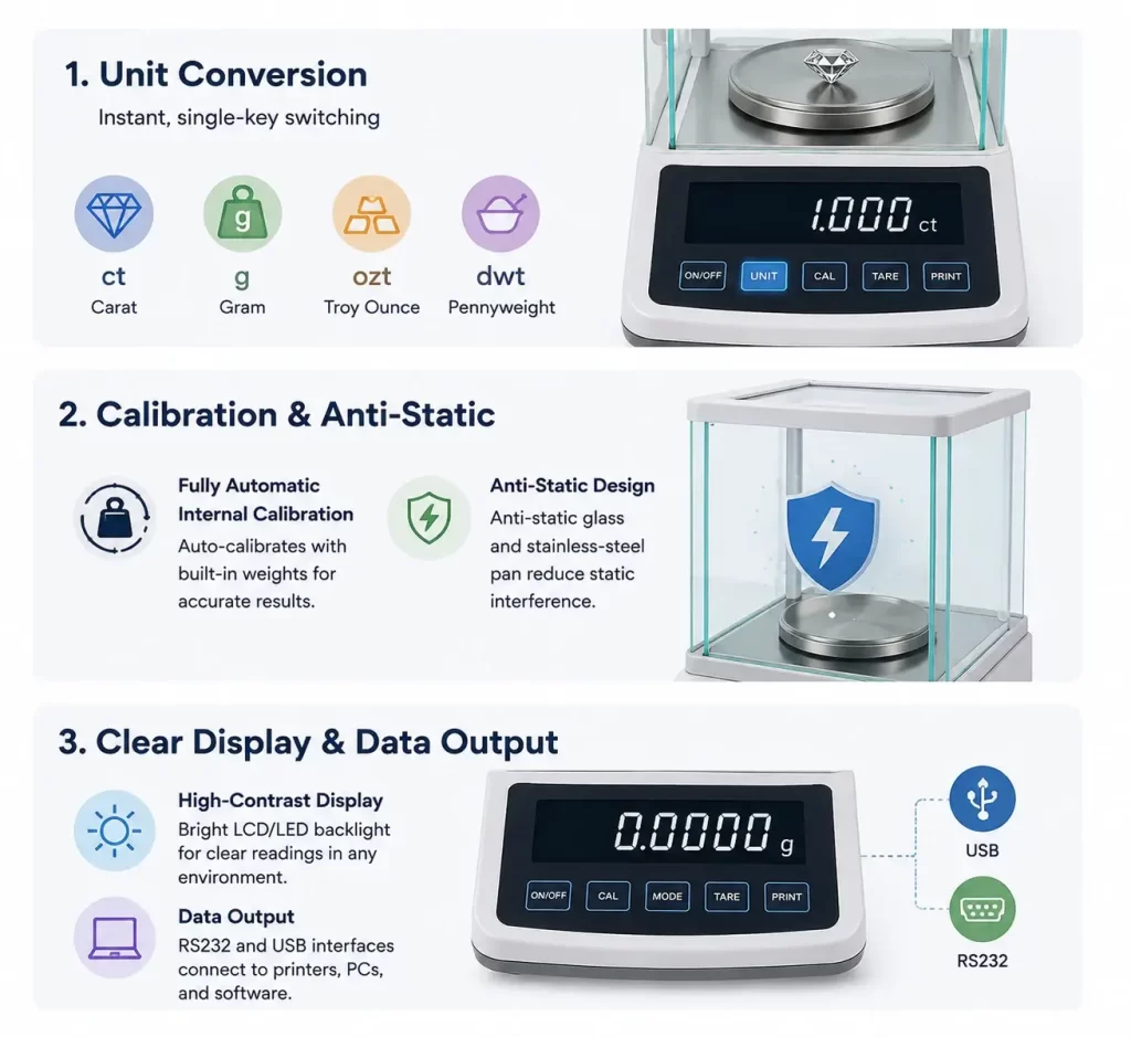 Overview of jewelry scale features including unit conversion, automatic internal calibration, and RS232 data output.