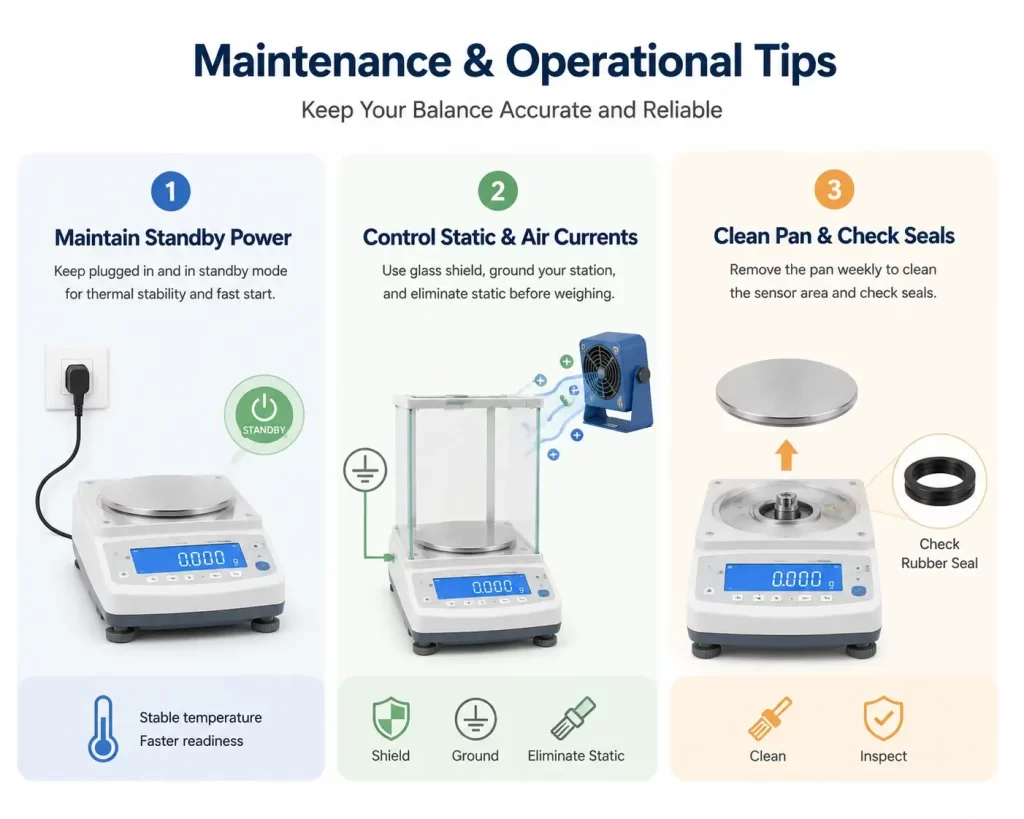 替代文字: Infographic illustrating maintenance tips for analytical balances including standby power, static control, and cleaning.