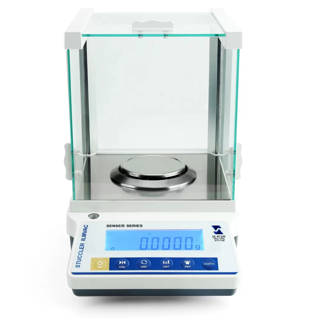 Stuccler Sense Series SE-R12W 0.1mg 4-decimal analytical balance with high glass draft shield and stainless steel pan.