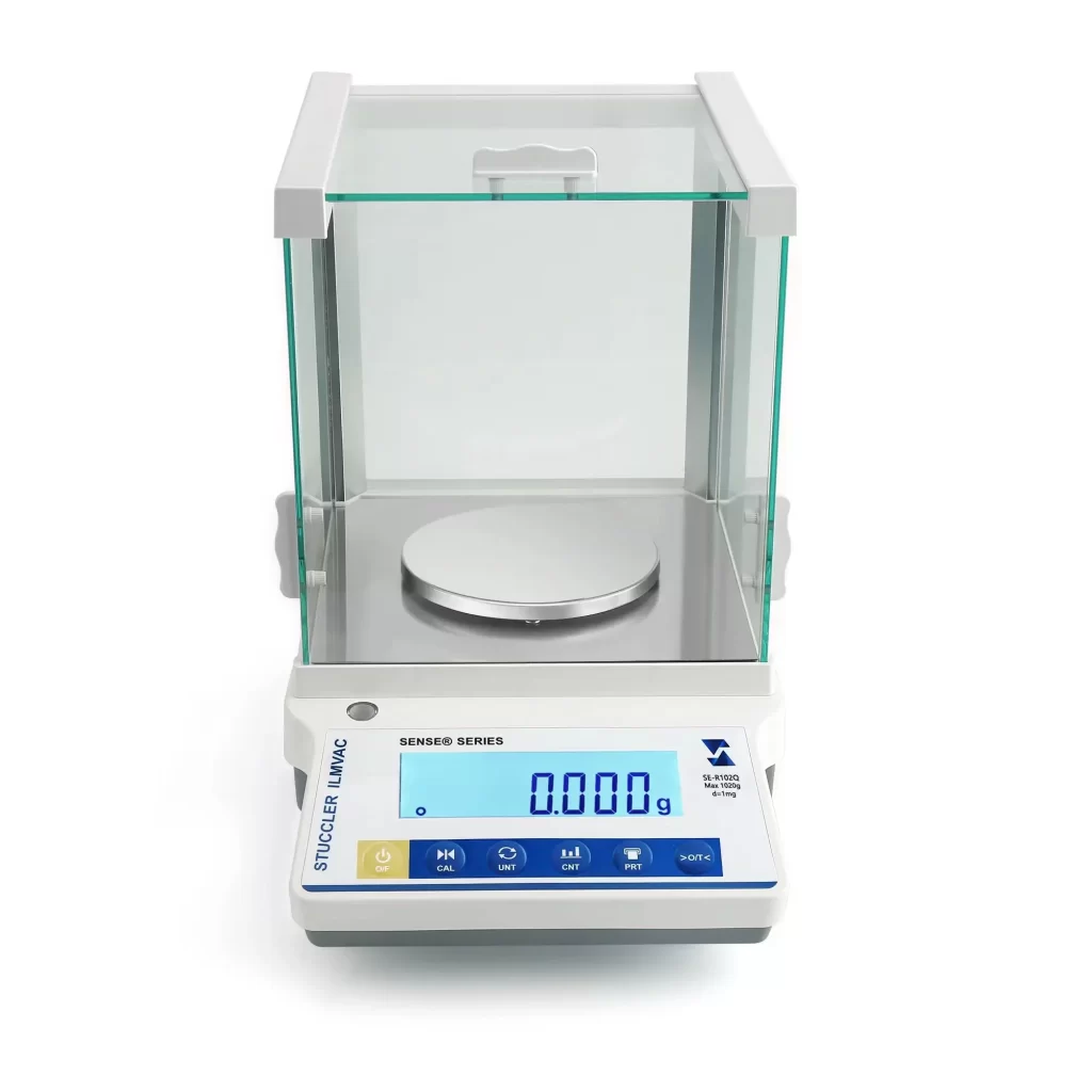 Stuccler Sense Series precision analytical balance featuring a glass draft shield and clear digital display screen.