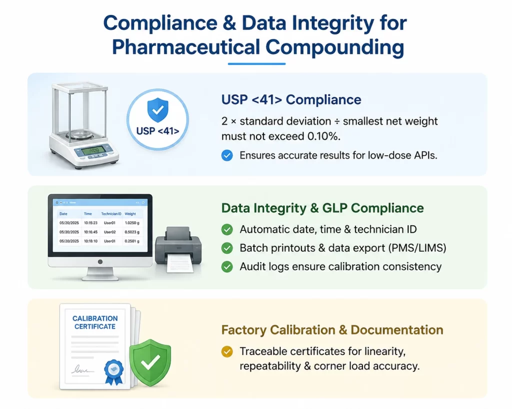 Infographic outlining USP 41 compliance, GLP data integrity, audit logs, and traceable balance calibration certificates.