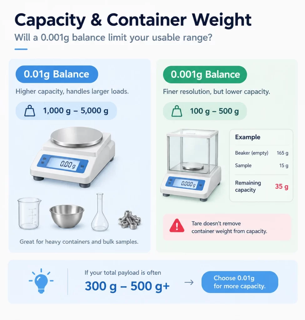 Comparison chart of weighing capacity and container tare weight for balances.