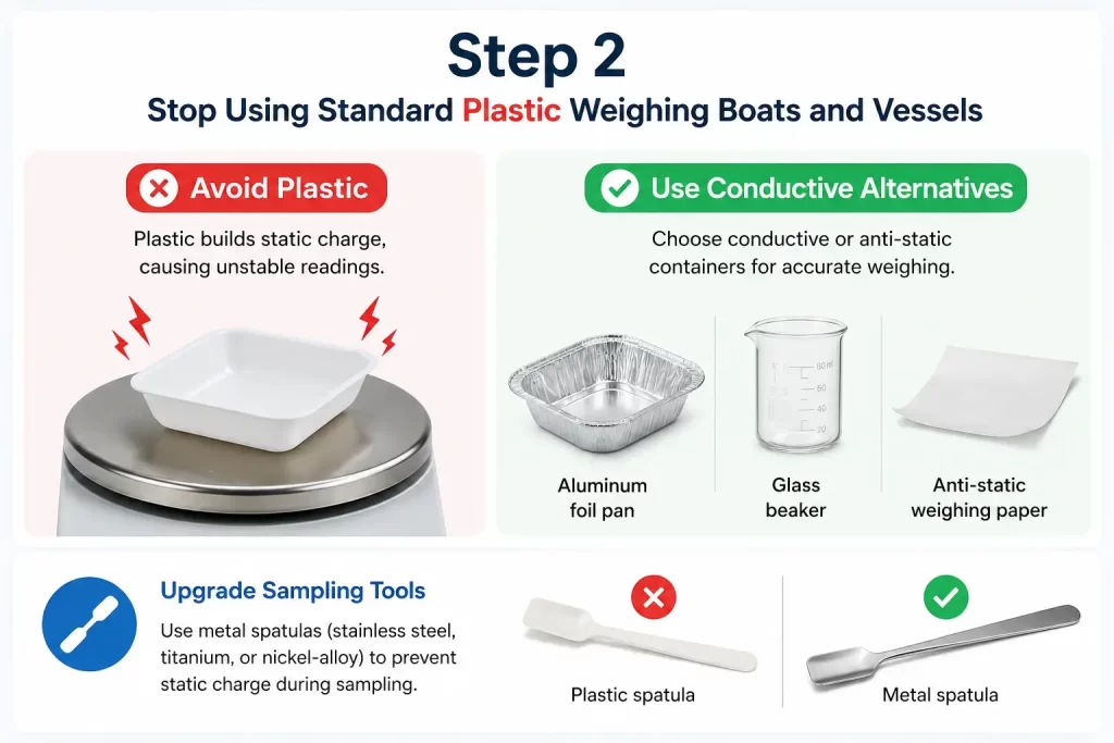 Guide recommending aluminum foil pans, glass beakers, and metal spatulas over static-prone plastic lab consumables.