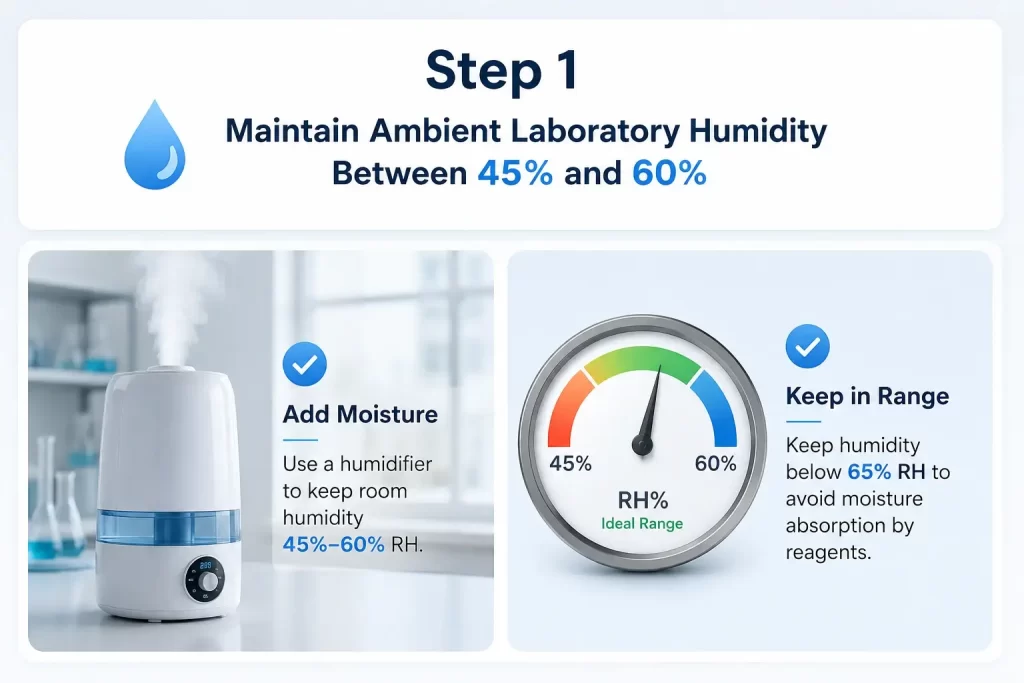 Diagram displaying a laboratory room humidifier and a hygrometer maintaining ideal relative humidity between 45% and 60%.