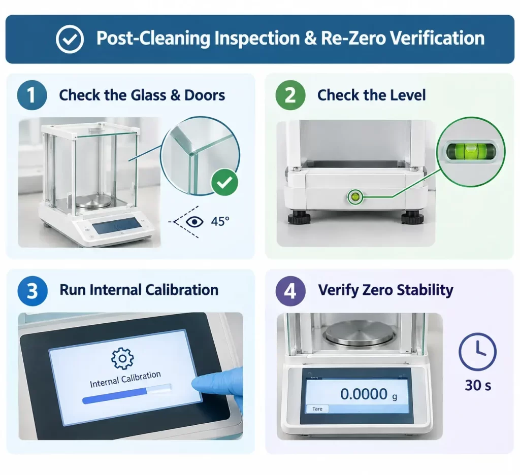 Post-cleaning checklist showing leveling bubble check, internal calibration, and zero stability