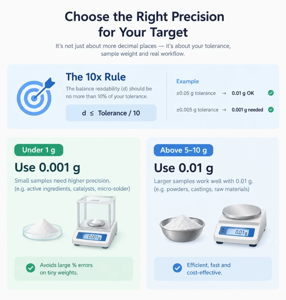 Infographic explaining the 10x rule comparing 0.001g and 0.01g balance precision.