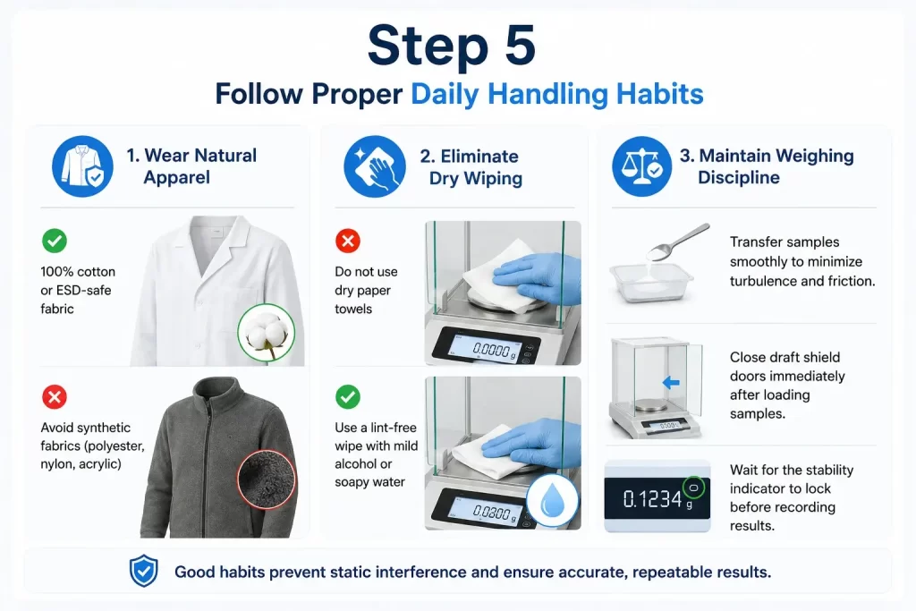 Laboratory best practices: wearing cotton apparel, avoiding dry wiping draft shields, and maintaining weighing discipline.