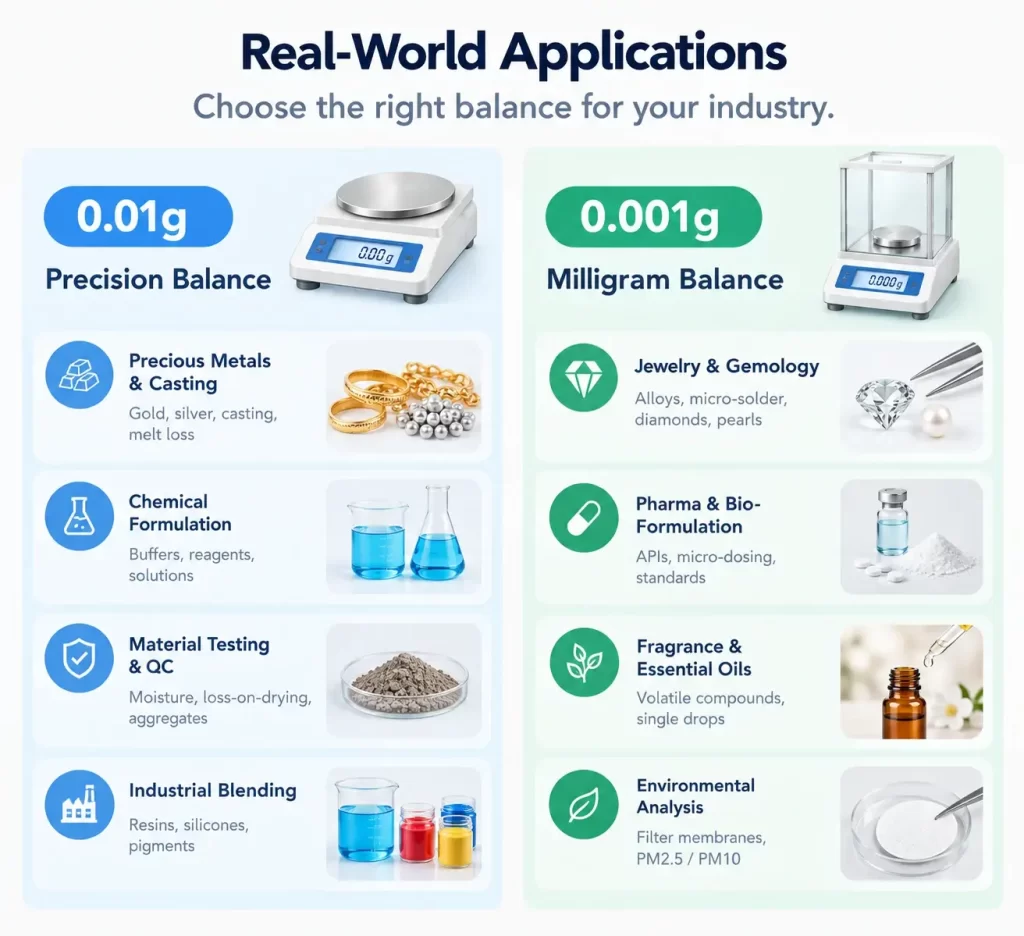 Infographic comparing applications for 0.01g precision balances and 0.001g milligram balances.