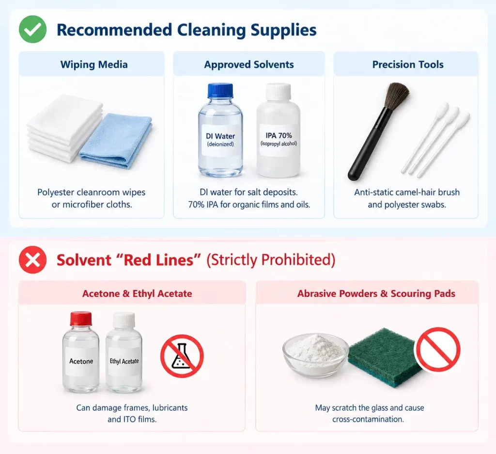 Chart of approved cleaning supplies like DI water and prohibited solvents for balance maintenance