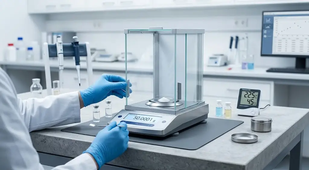 Scientist with blue gloves weighing powder inside an analytical balance draft shield in a chemistry lab.