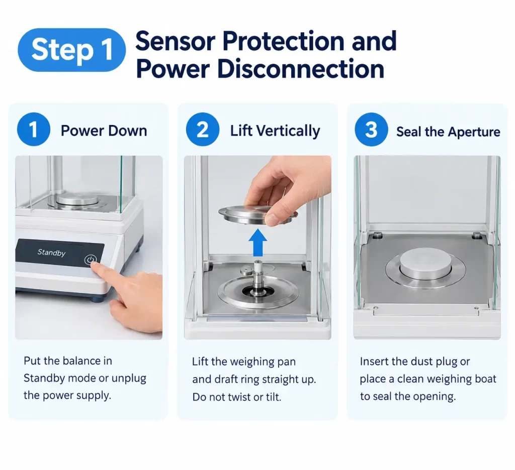 Guide showing how to power down an analytical balance, lift the weighing pan, and seal the aperture