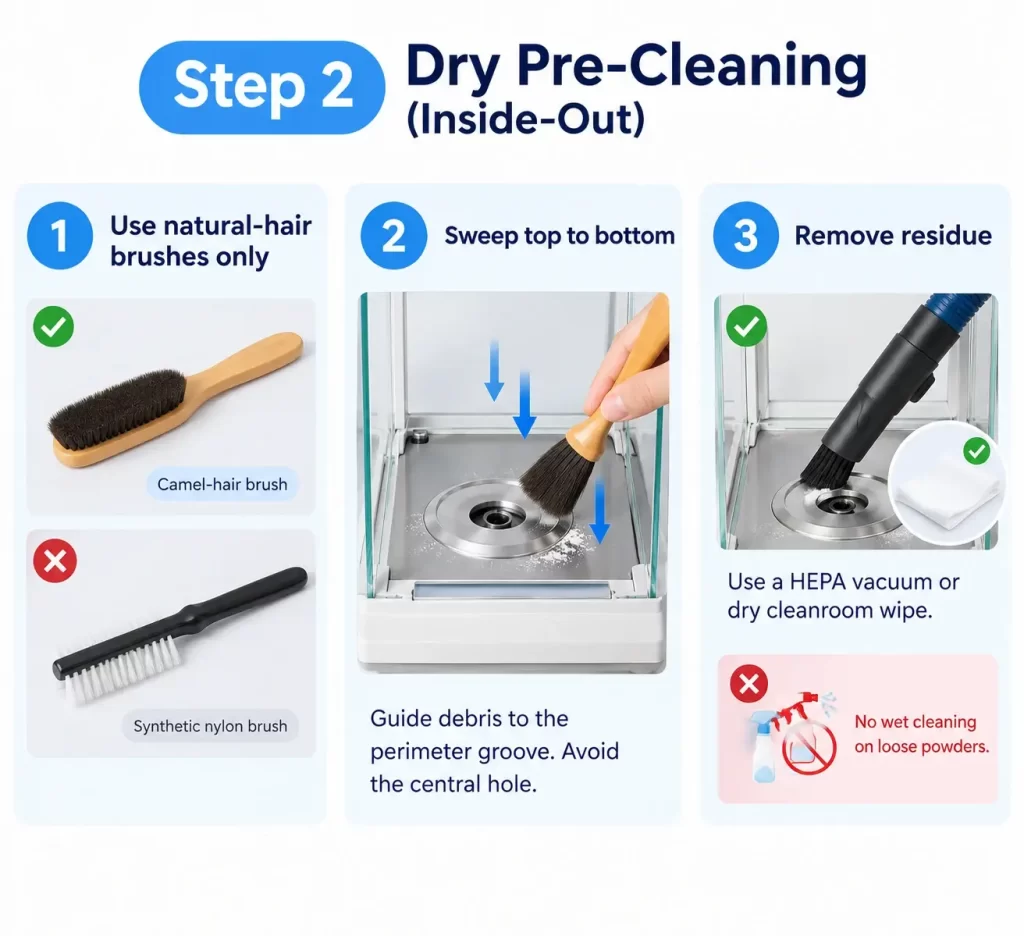 Instructions for sweeping debris in weighing chamber using camel hair brush and HEPA vacuum