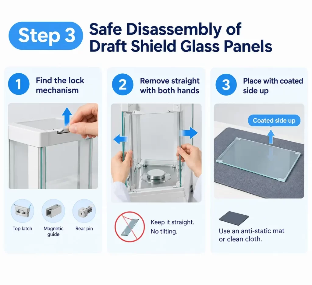 Steps for safely removing draft shield glass panels using both hands and resting on anti-static mat