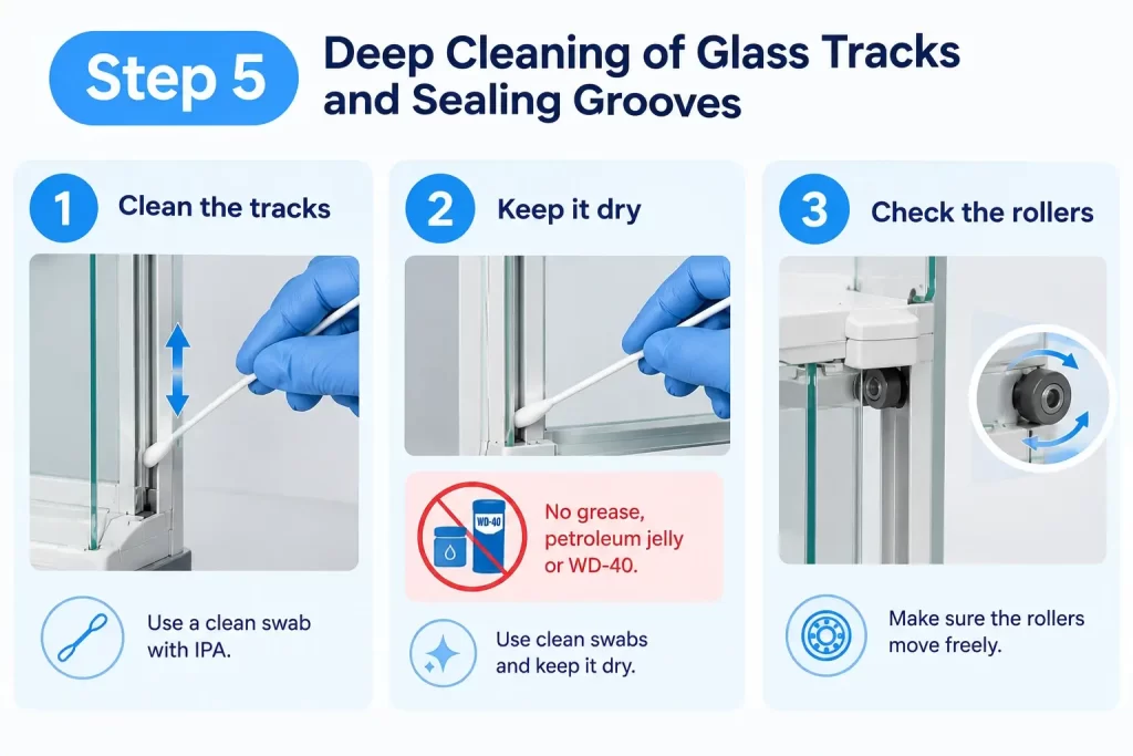 Cleaning draft shield sliding tracks and checking rollers using a clean cotton swab with IPA