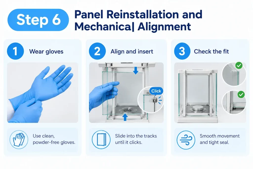 Reinstalling draft shield glass panels with powder-free gloves and ensuring smooth sliding fit