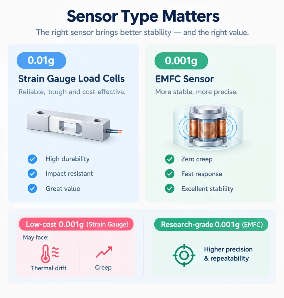 Technical comparison of strain gauge load cells versus EMFC electromagnetic sensors.