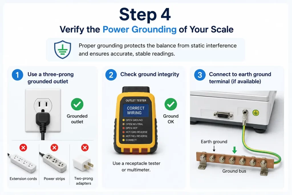 Guide for checking outlet ground integrity with a receptacle tester and attaching an earth ground wire to the scale.