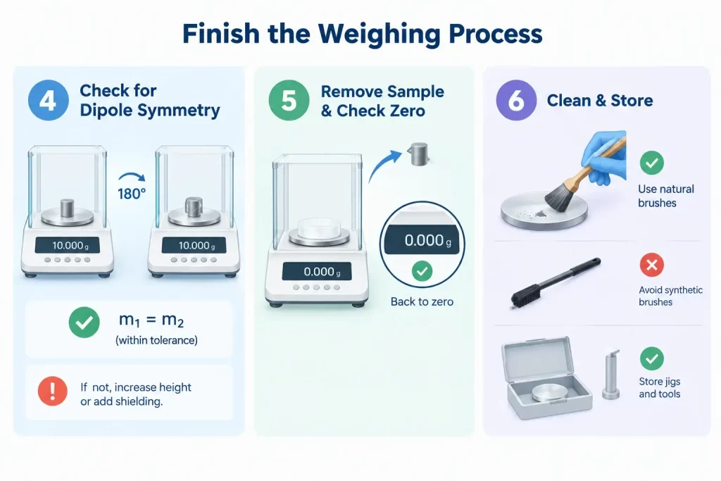 Steps for dipole symmetry check, zero-point verification, and cleaning after magnetic weighing.
