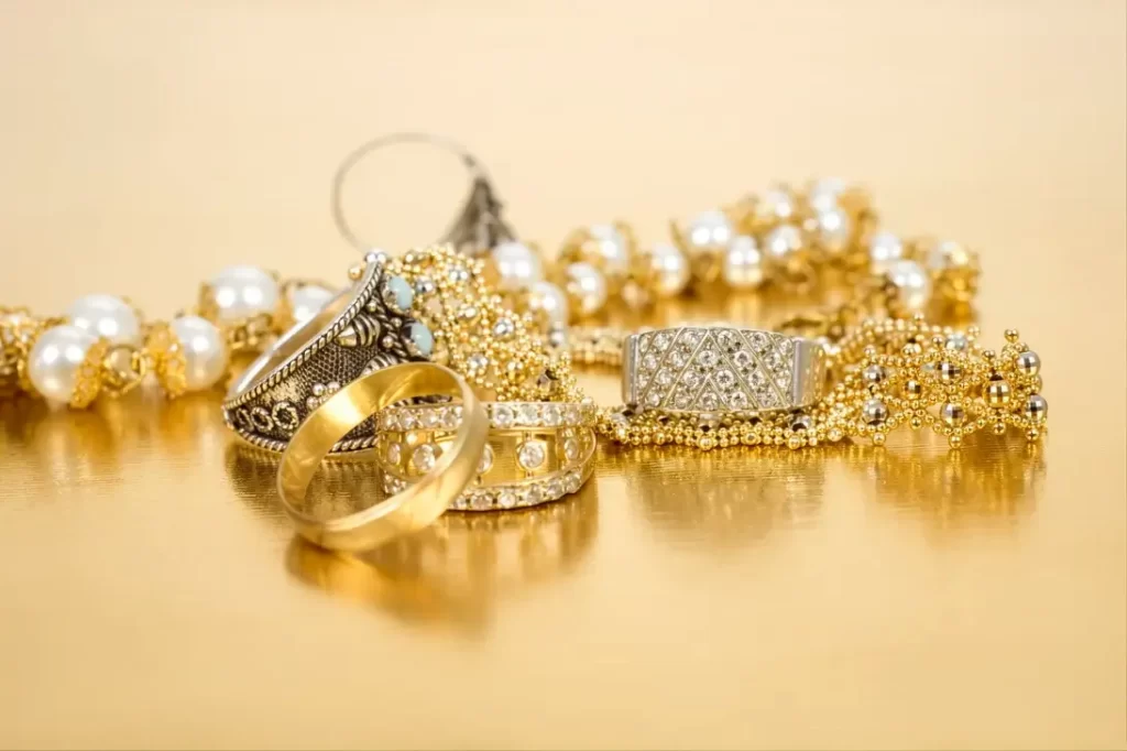 Assorted fine gold rings, diamond bands, and pearl necklaces displayed on a gold surface.