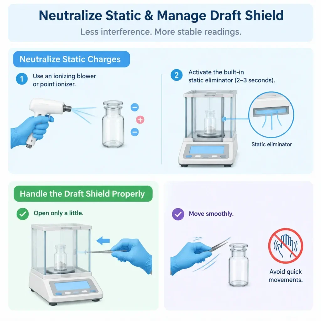 Static neutralization with an ionizer and proper draft shield handling on an analytical balance.
